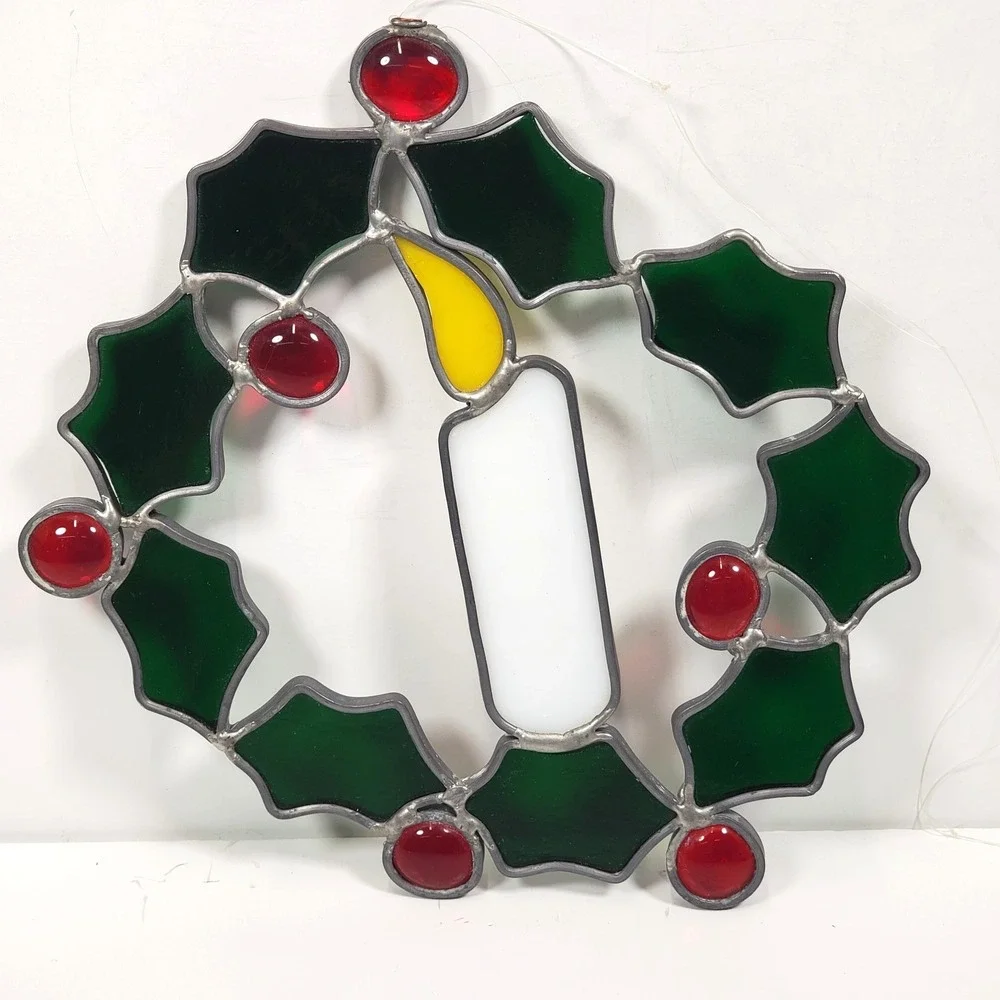 Stained Glass Christmas Candle In Wreath Suncatcher 7 1/2